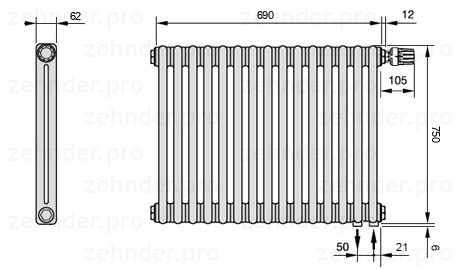 Схема (чертеж) Радиатор Zehnder Charleston 2075/15 №V002 Белый глянцевый RAL 9016